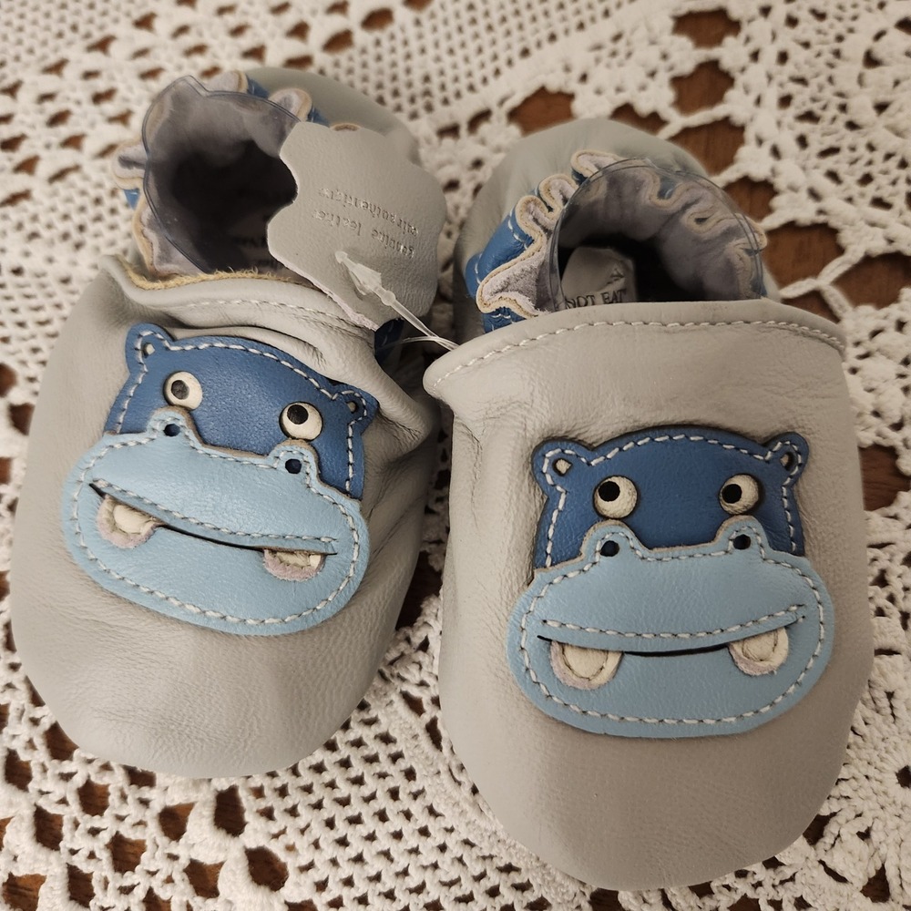 Tickle Toes Hippo Leather Infant Shoes Grey Blue Moccasins 12-18M